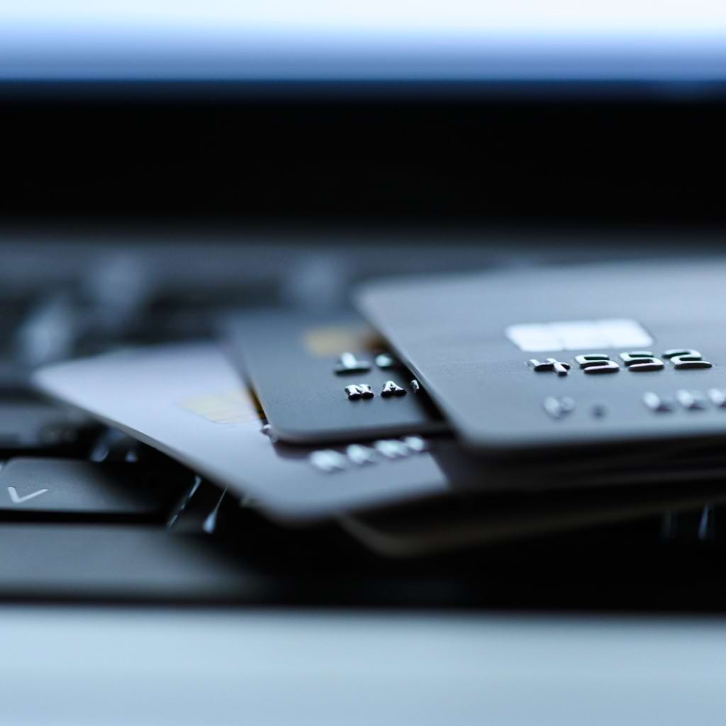 A collection of credit cards placed over a computer keyboard for financing.